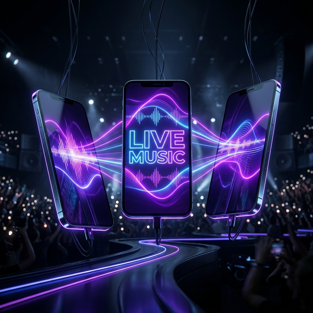 GlowSync App synchronized on multiple smartphones in a dark concert environment